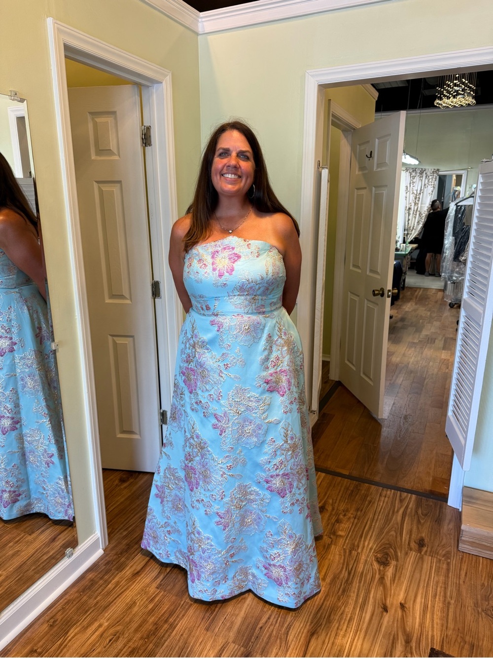 Strapless Floral Brocade A-Line Wedding Dress in Light Blue Multi Style #259019